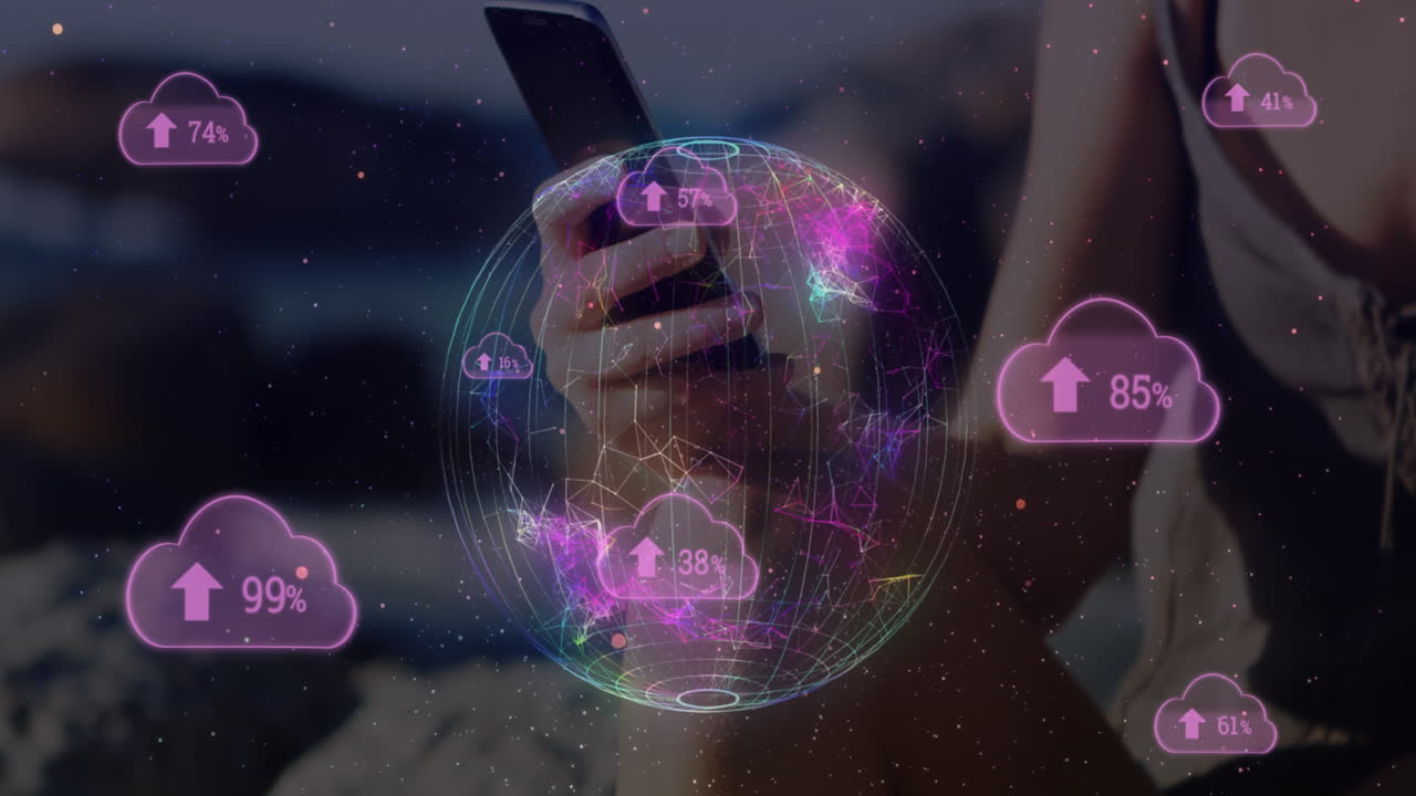 icono de carga de nube y globo giratorio contra la sección media de la mujer que usa un teléfono inteligente