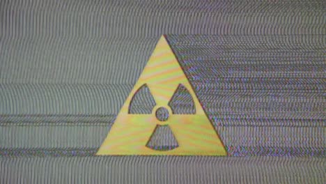 nuclear warning visual sign, glitch symbol, static noise, interference, vhs, flickering, damaged tape, glitch art, vaporwave retro vintage 90s 80s aesthetic radioactive danger trippy yellow triangle