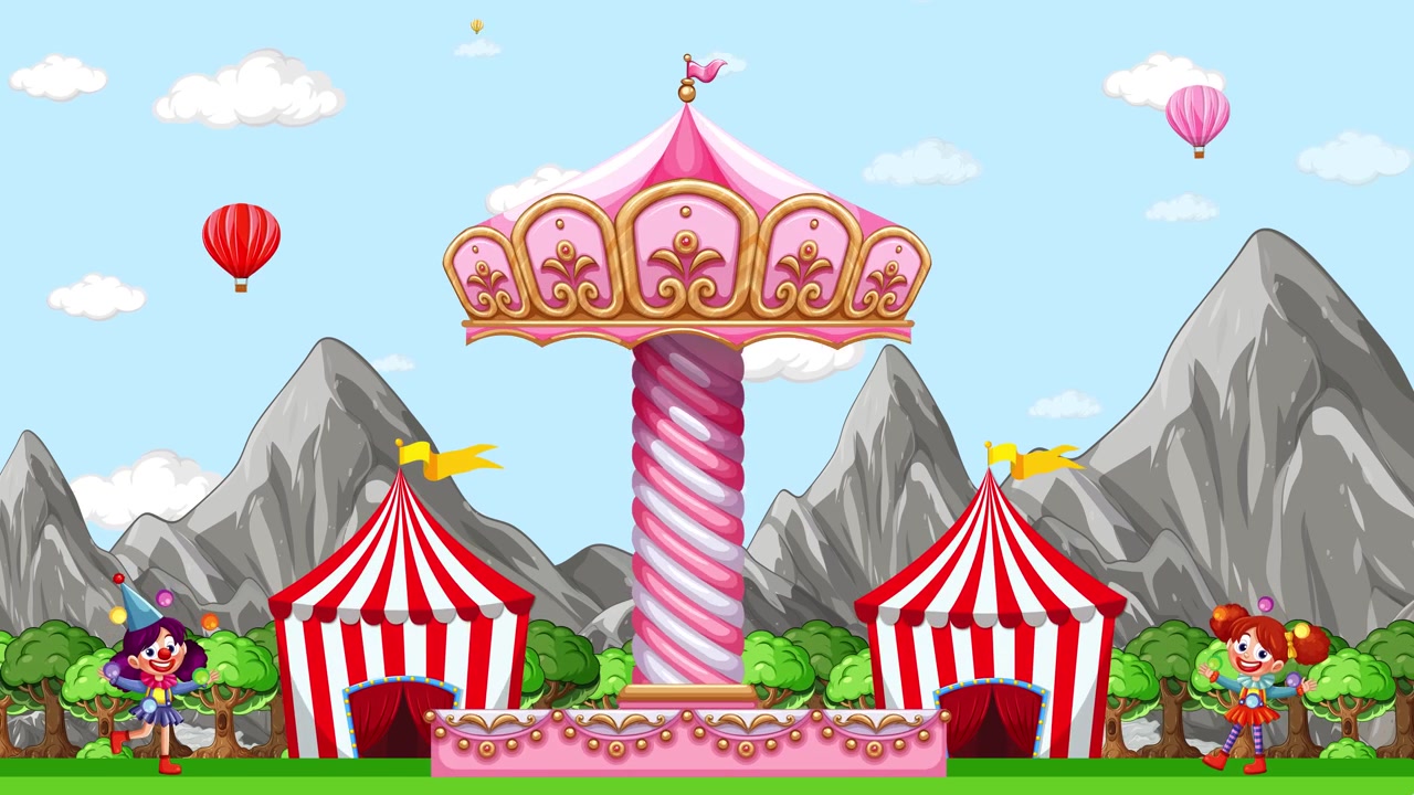 A vibrant 2D cartoon amusement park features a rotating carousel under a sunny sky