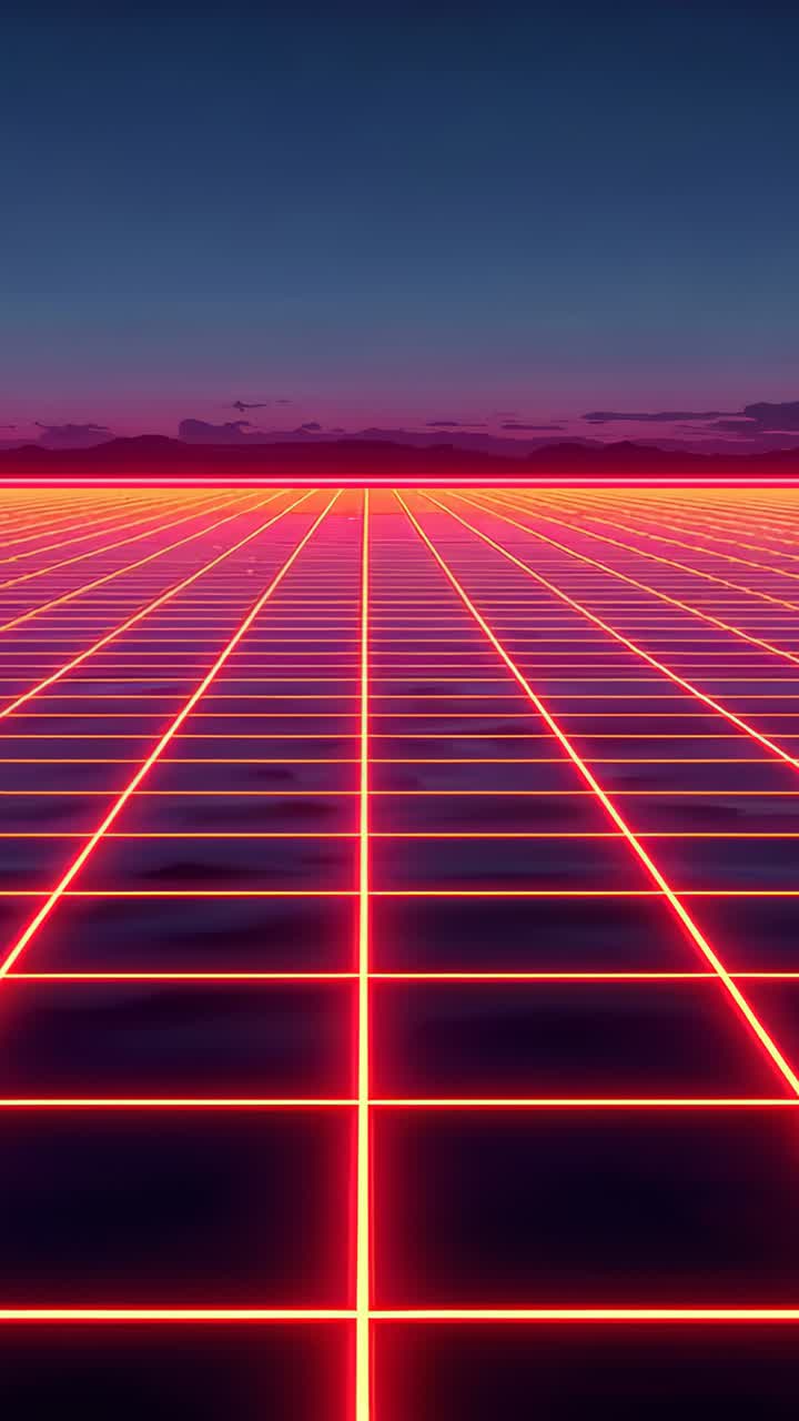 Vertical video: Starting playback neon grid glowing in synthwave plain, for looping backdrop