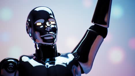 a futuristic robotic figure waving cheerfully, showcasing advanced technology and sleek metallic design with glittering eyes and a vibrant background