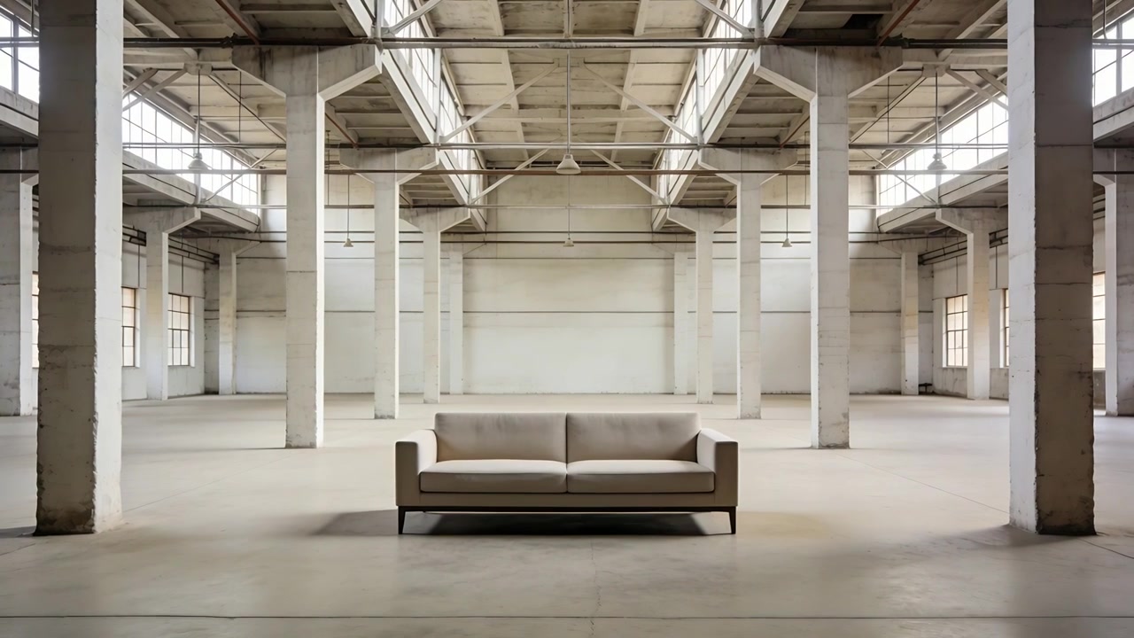 Zooming camera moving closer to centered beige two-seat sofa in warehouse, emphasizing upholstery