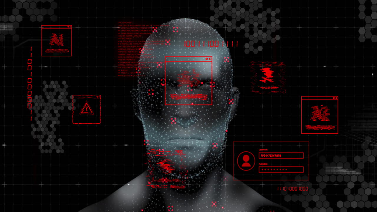 Animation of data processing over digital human with ai icons