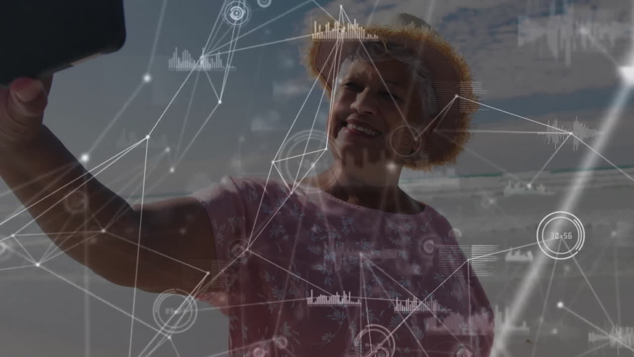 Taking selfie, elderly woman with animation of digital network connections