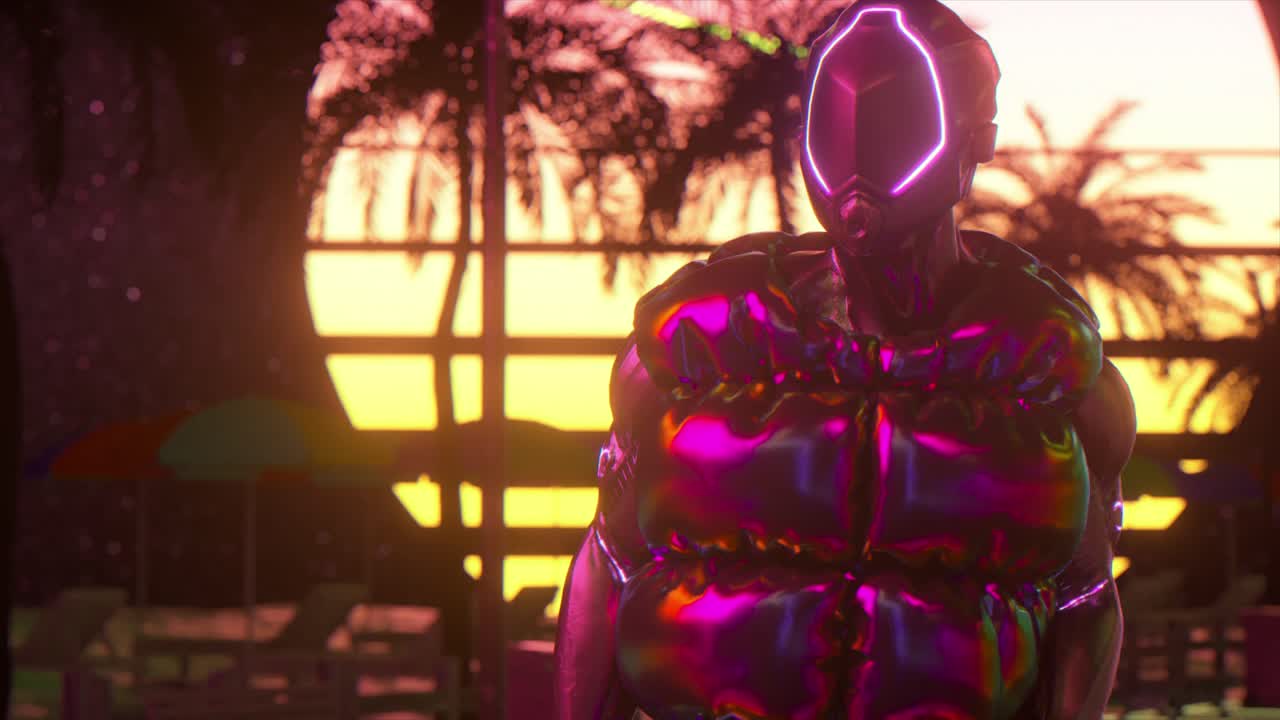 robot cyberpunk en la playa al atardecer