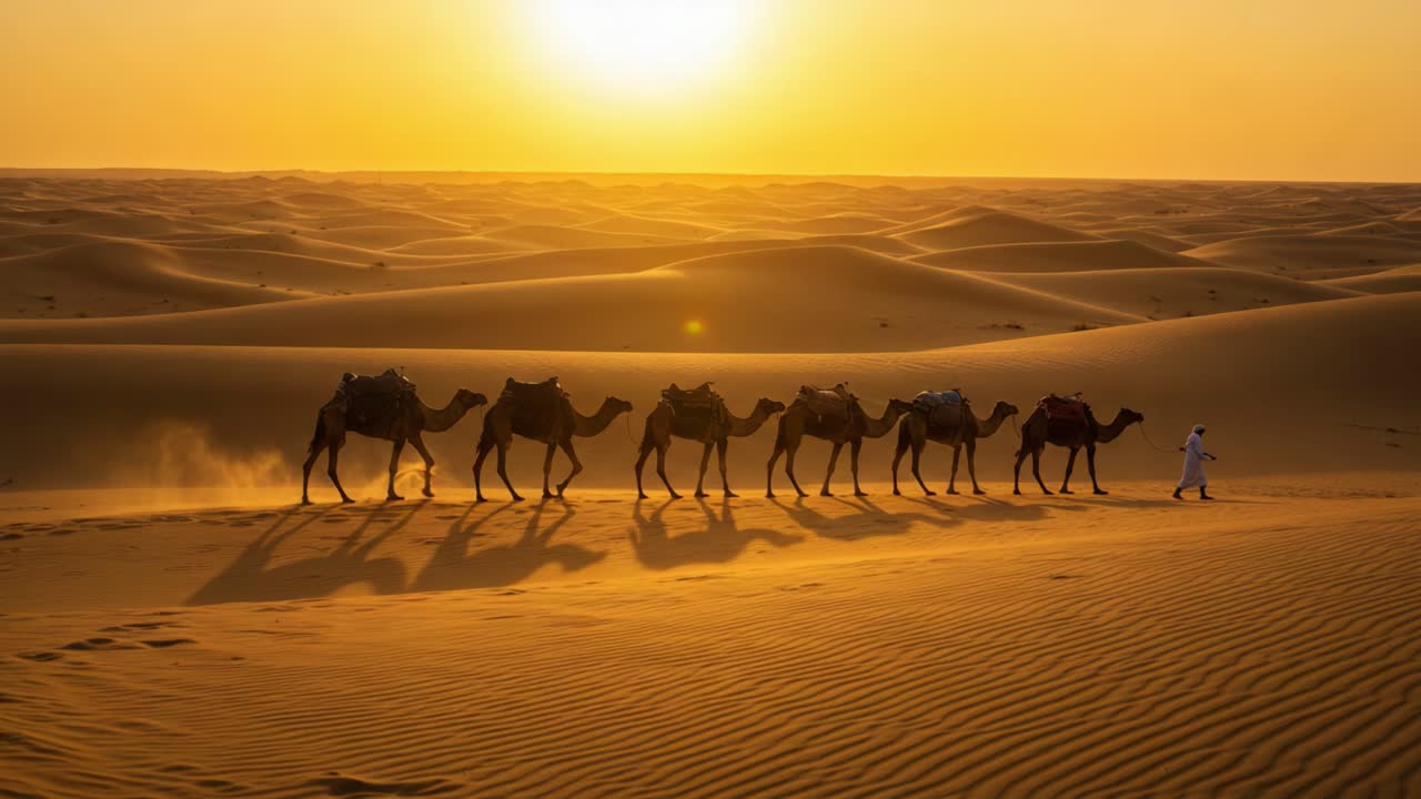 Majestic Camel Caravan Ambles Through Serene Desert at Sunset, Creating Stunning Silhouettes Against the Golden Horizon and Silky Sand Dunes