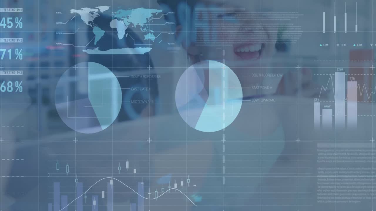 animación del procesamiento de datos financieros sobre una escolar feliz