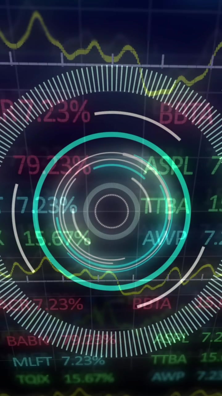 Round scanner over stock market data processing against blue background