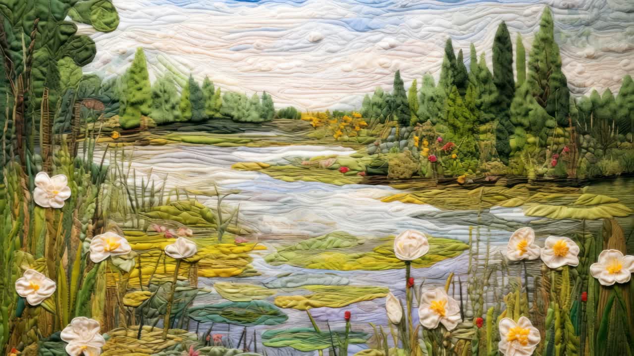 Paysage artistique en tissu texturé avec une rivière qui coule et des nénuphars