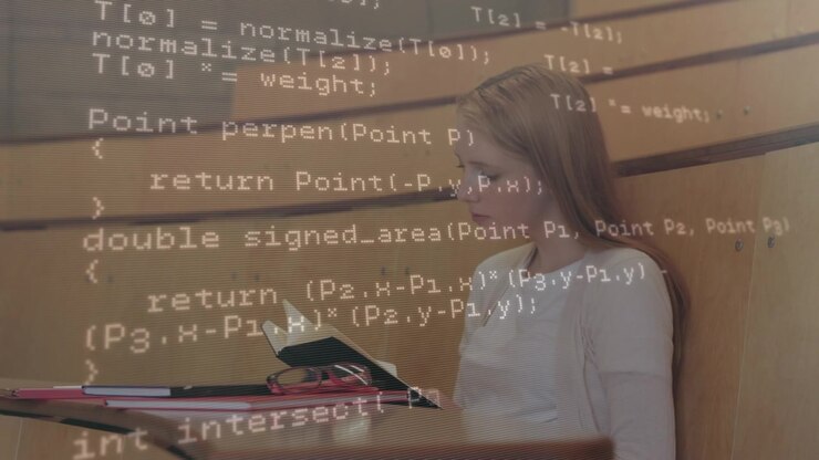 Animation of data processing over woman boxing using laptop