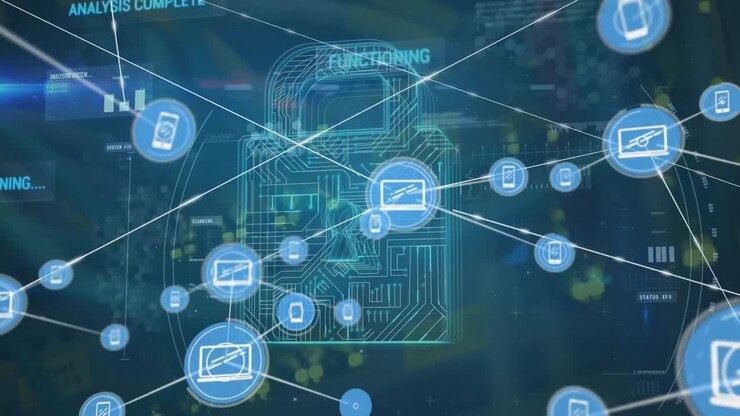 Animation network of connections with icons over data processing over network over network over ware