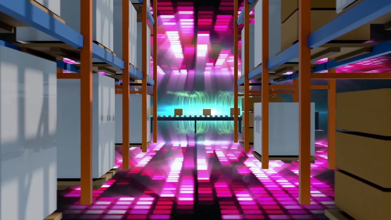 Illuminazione a pavimento magenta pulsante che rivela un AGV in movimento lungo il corridoio verso un nastro trasportatore per consegnare pacchi
