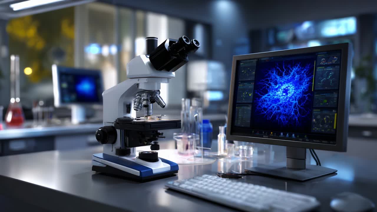 A high-tech laboratory scene showcasing a microscope and computer, symbolizing modern scientific research and exploration in biology, technology, and innovation through detailed analysis and observation