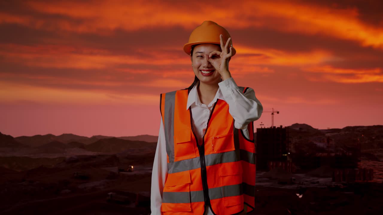 ingeniera asiática con casco de seguridad mostrando ok señal de mano sobre el ojo y sonriendo a la cámara mientras está de pie en el sitio de construcción, maquinaria de minería