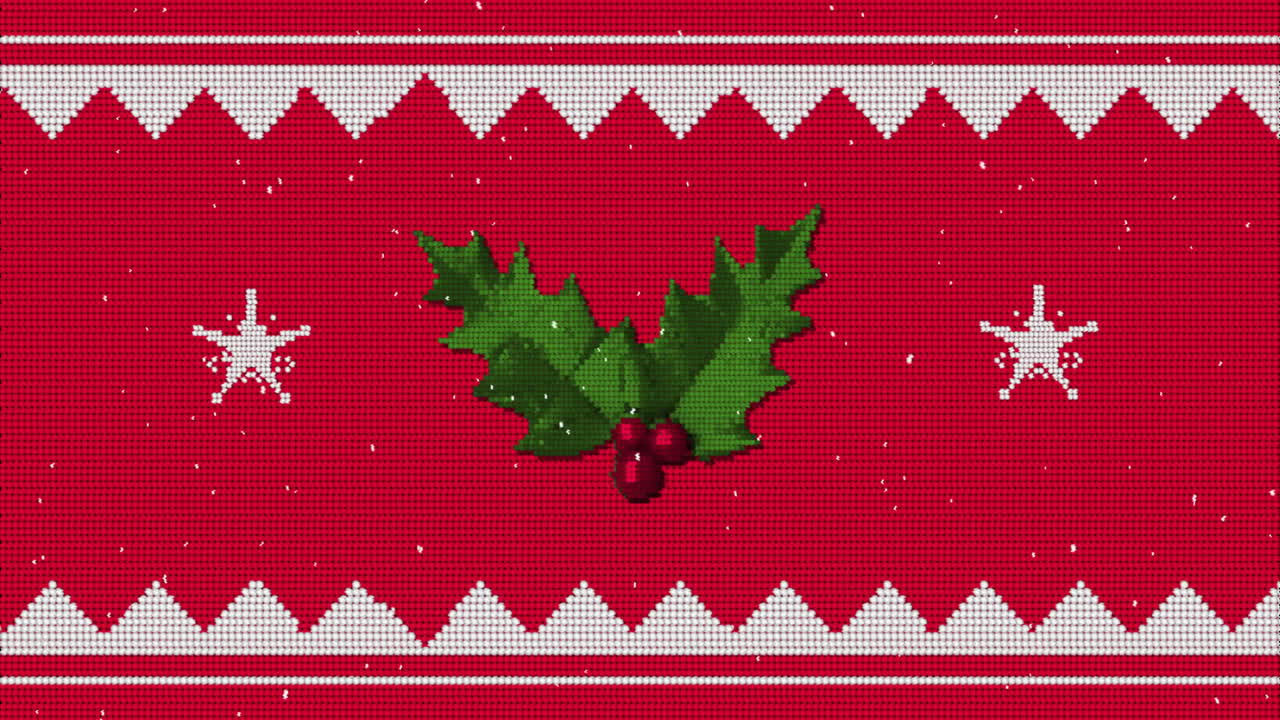 Christmas holly leaves and berries animation over red knitted pattern background