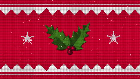 Christmas holly leaves and berries animation over red knitted pattern background