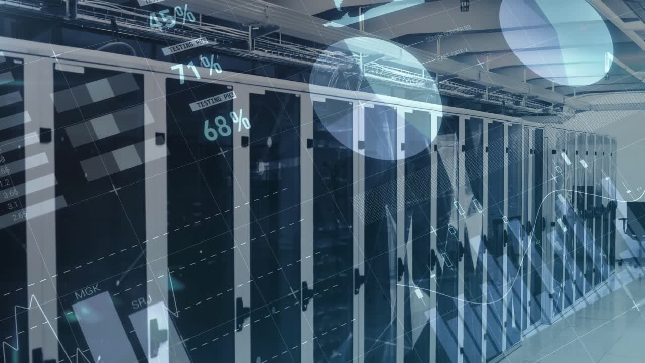 Opening server racks showing gauge updating, charts appearing, pulsing visualizing live monitoring