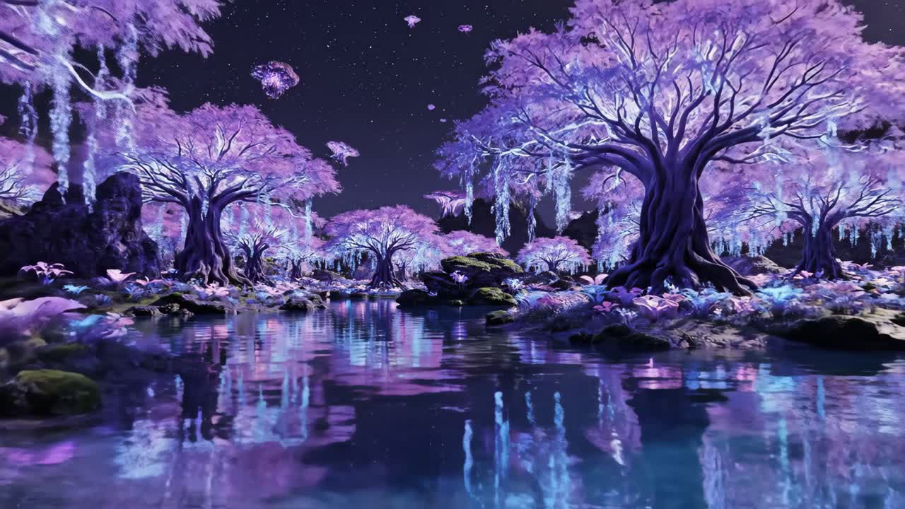 Foresta viola magica di notte