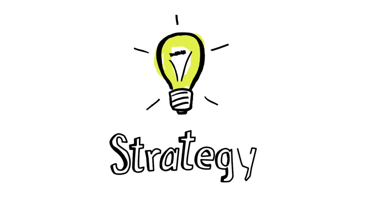 ⁇ 색 바탕에 있는 전략 텍스트 위에 있는 전구 아이콘의 애니메이션