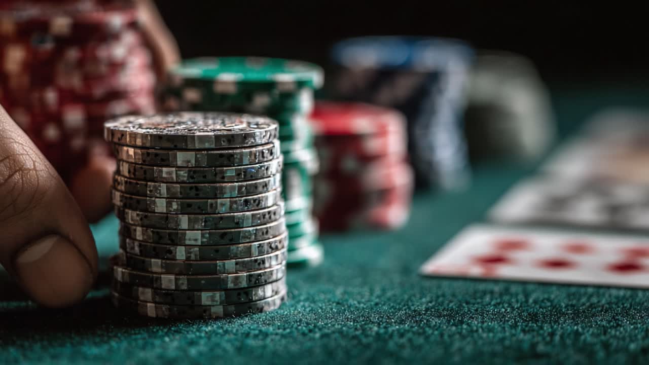 A Close-Up View of Casino Chips Stacked on a Green Felt Surface, Highlighting the Intricate Designs and Colors of the Poker Game Setup