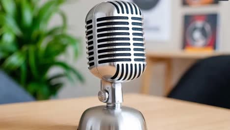 a silver microphone sitting on top of a wooden table