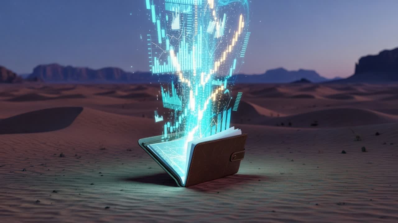 An enchanting book in a vast desert landscape releases vibrant digital data, symbolizing the extraordinary fusion of nature and technology in a remote setting