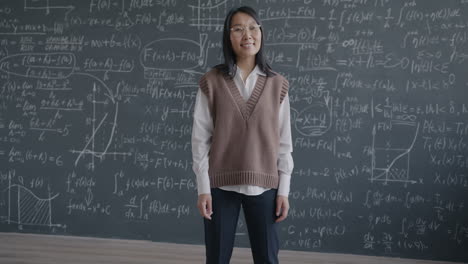 woman professor in front of a blackboard with math equations