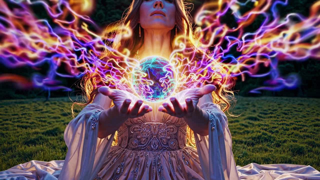Woman in an elegant dress sits in a grassy field, her hands cupping a glowing orb as vibrant, colorful energy streams around her, creating a mystical and ethereal atmosphere