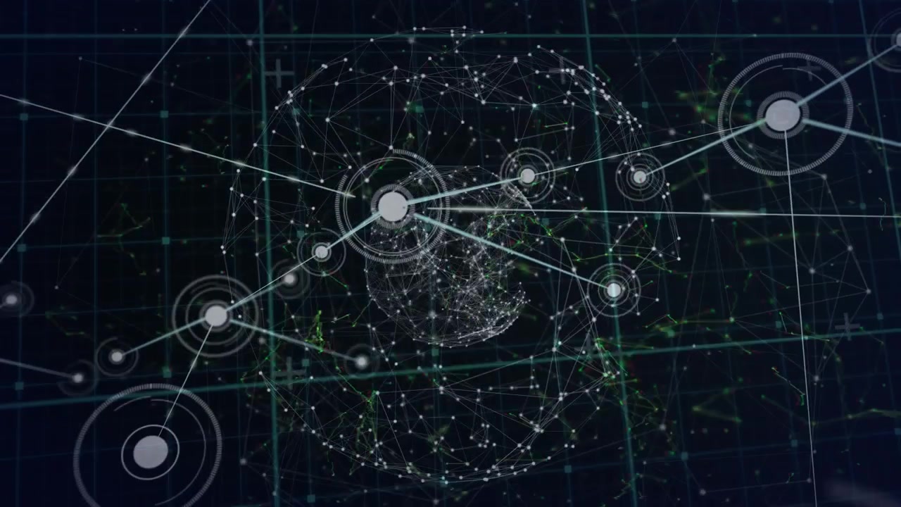Animation of globe of network of connections over grid network against black background