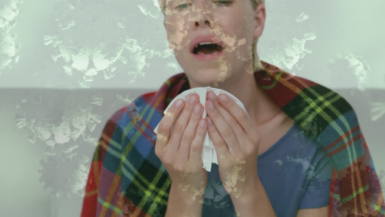 코로나19 세포가 코카시안 여성의 재채기를 떠다니는 애니메이션