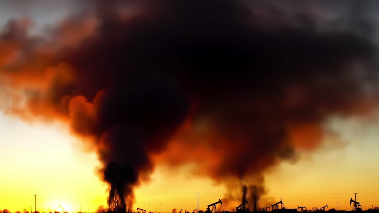 Dramatic Silhouettes of Oil Pumps Against a Fiery Sunset, Emphasizing Industry's Environmental Impact Through Dark Smoke and Striking Colors in the Sky