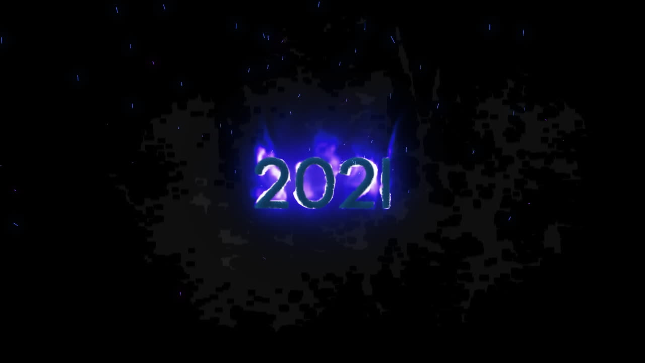 Animation des Textes „2021“ in brennenden Flammen auf dunklem Hintergrund