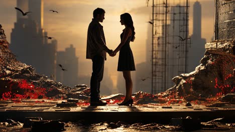 couple holding hands in a post-apocalyptic setting at sunset