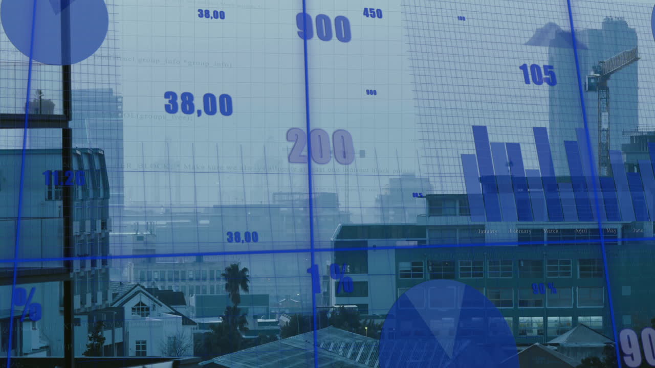 Animation af finansielle data, diagrammer og grafer over bylandskabsbaggrund