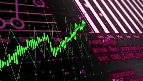 Animation-of-statistical-data-processing-over-grid-network-against-black-background