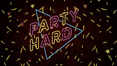 Animation-of-party-hard-text-in-pink-and-yellow-neon,-with-yellow-confetti-on-black-background