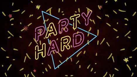 animation of party hard text in pink and yellow neon, with yellow confetti on black background