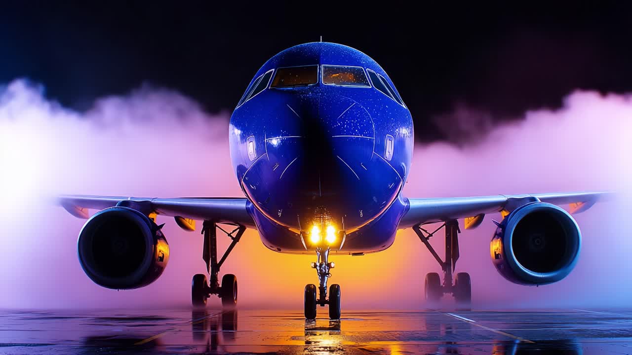Stunning Close-Up of a Modern Jet Airplane Illuminated by Vibrant Lights in a Dramatic Atmospheric Setting, Showcasing Its Powerful Engines and Sleek Design Under a Colorful Night Sky