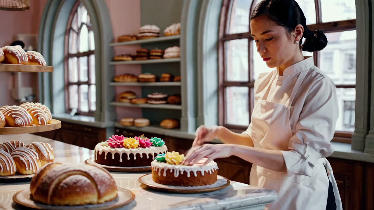A Baker Decorating Cakes in a Cozy Bakery