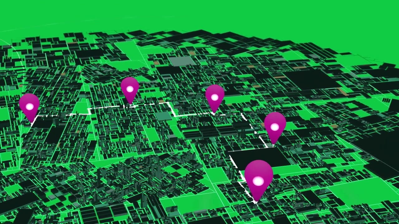 First pin popping from grid starting 3D map, transparent background pins rising