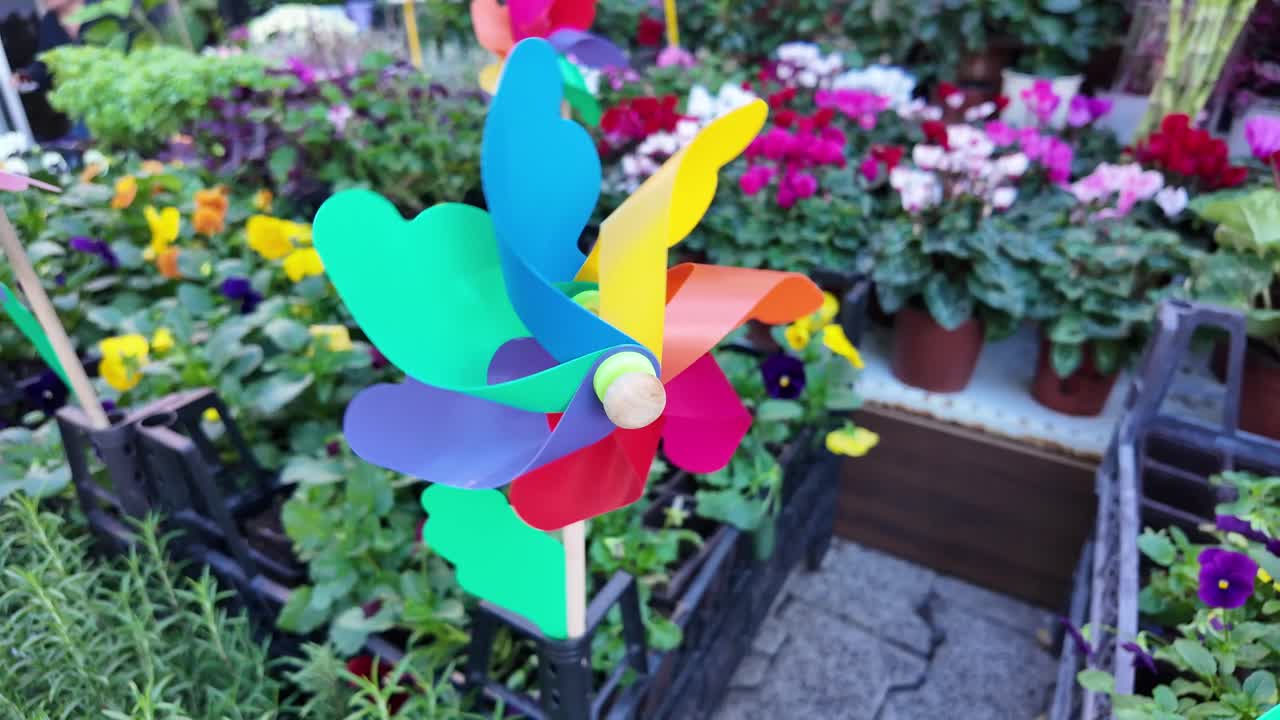 Colorful pinwheel in a garden of flowers