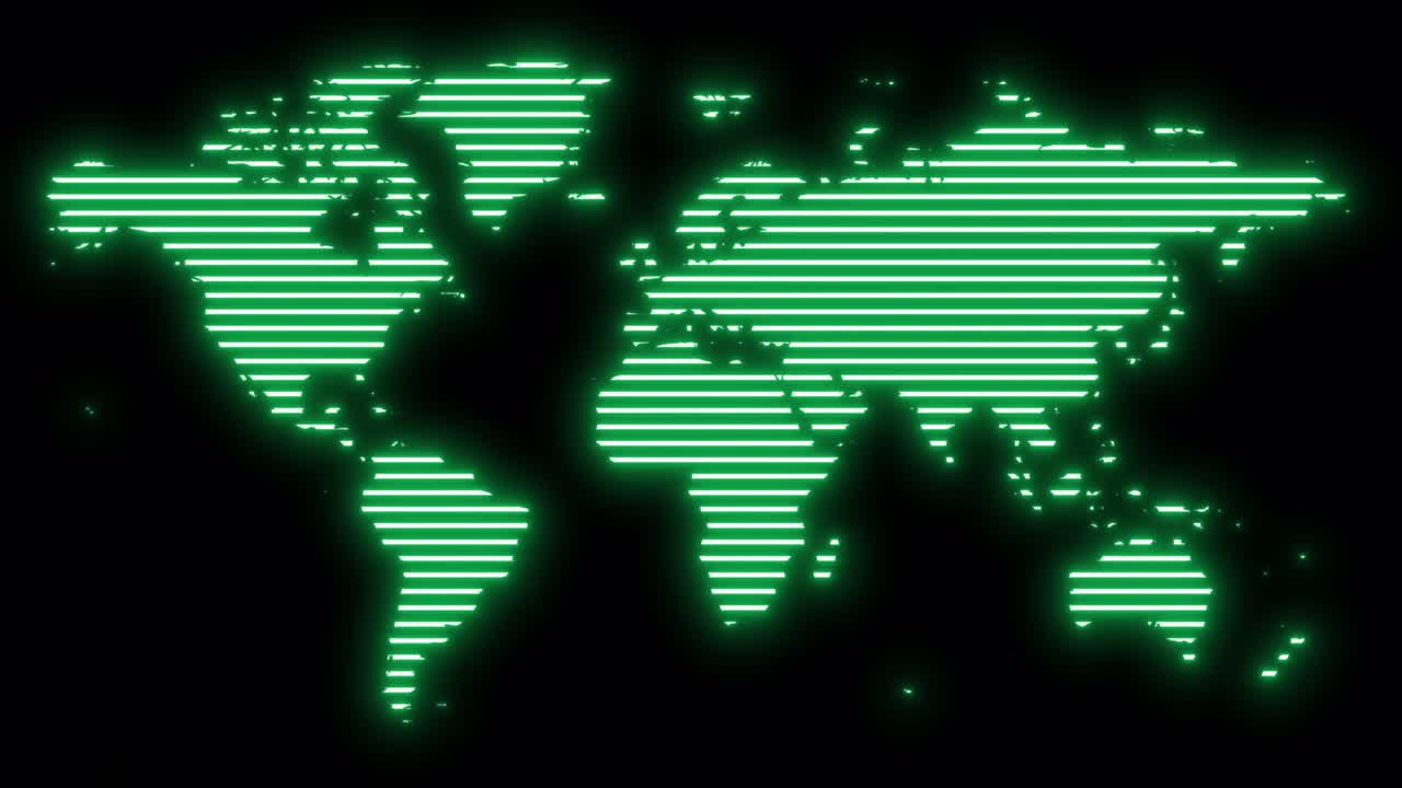 Green hologram of the world map on a black background.