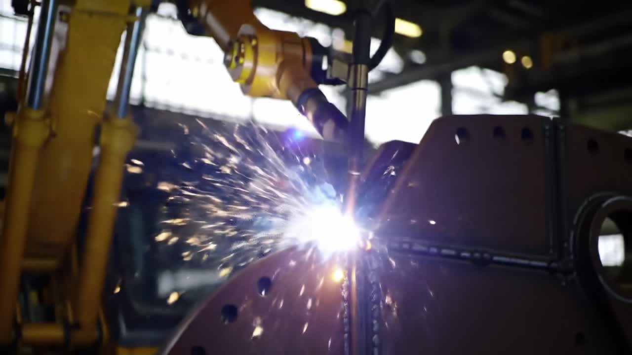 Dynamic Robotic Welding Process Captured in Action, Showcasing Sparks and Innovation in Industrial Manufacturing Techniques for Enhanced Efficiency