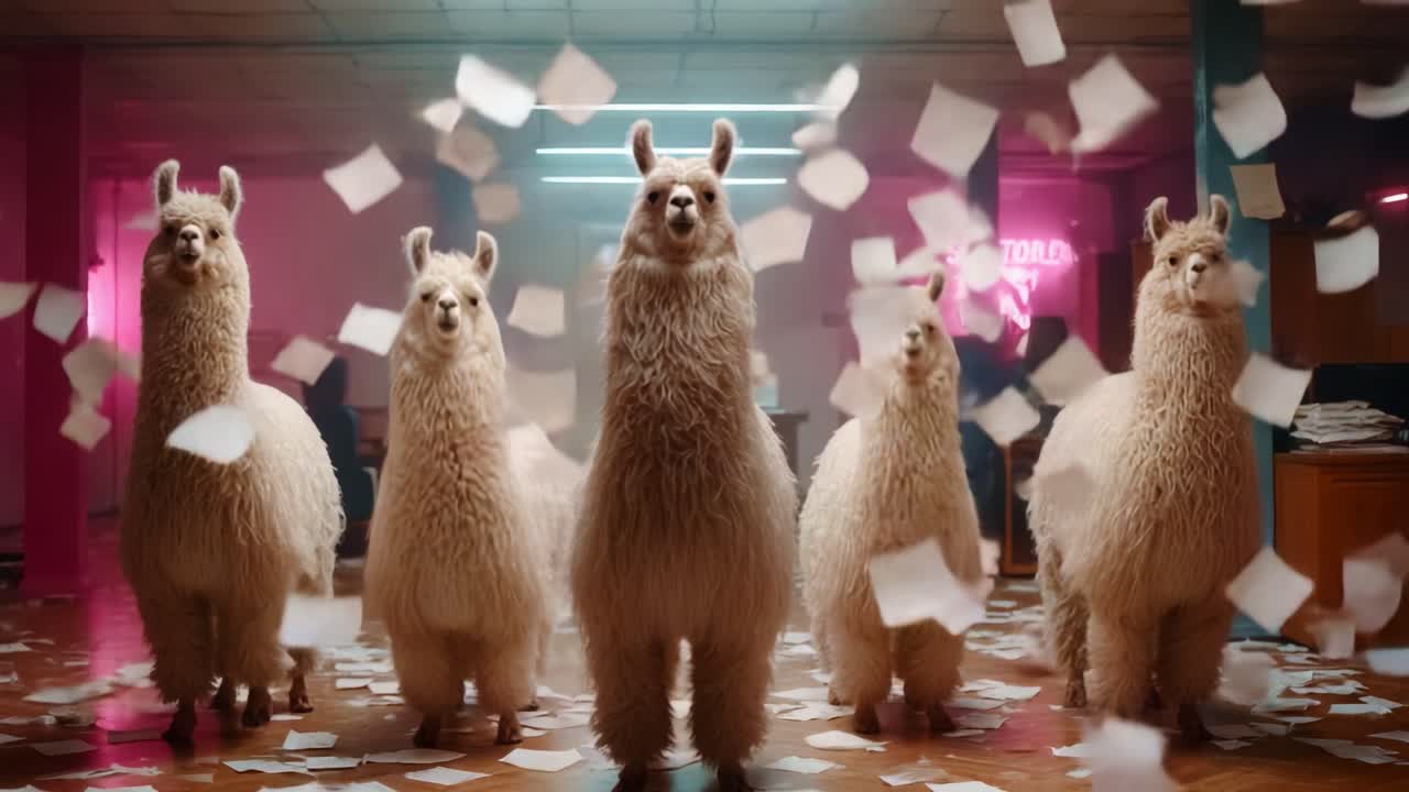 A vibrant scene featuring a group of playful llamas parading enthusiastically through a chaotic office environment, surrounded by flying paper and a colorful backdrop of bright lights