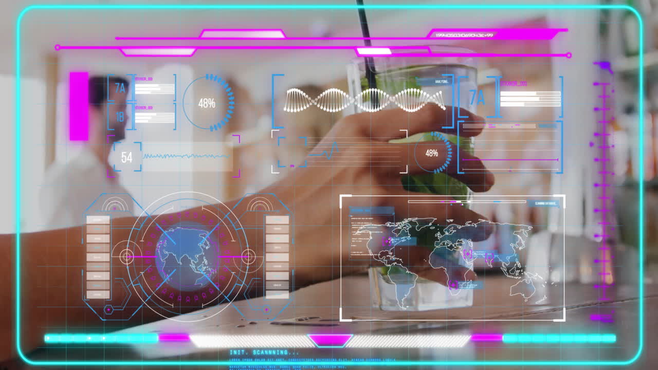 Man holding mint drink while holographic data charts and DNA helix animating in technology café