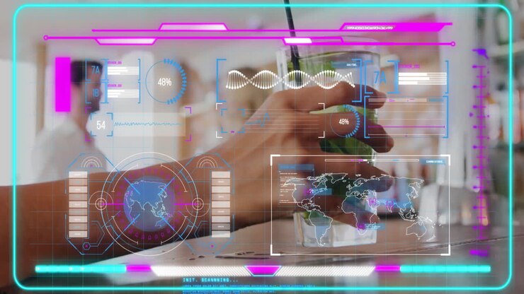 Mand, der holder en myntedrik, mens holografiske datadiagrammer og en DNA-helix animeres i en teknologikafé.