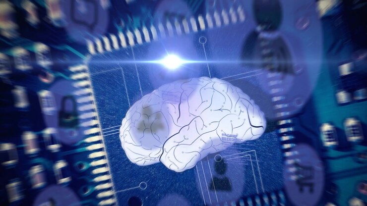 Animation of icons, bright light moving on human brain with circuit board on digital interface