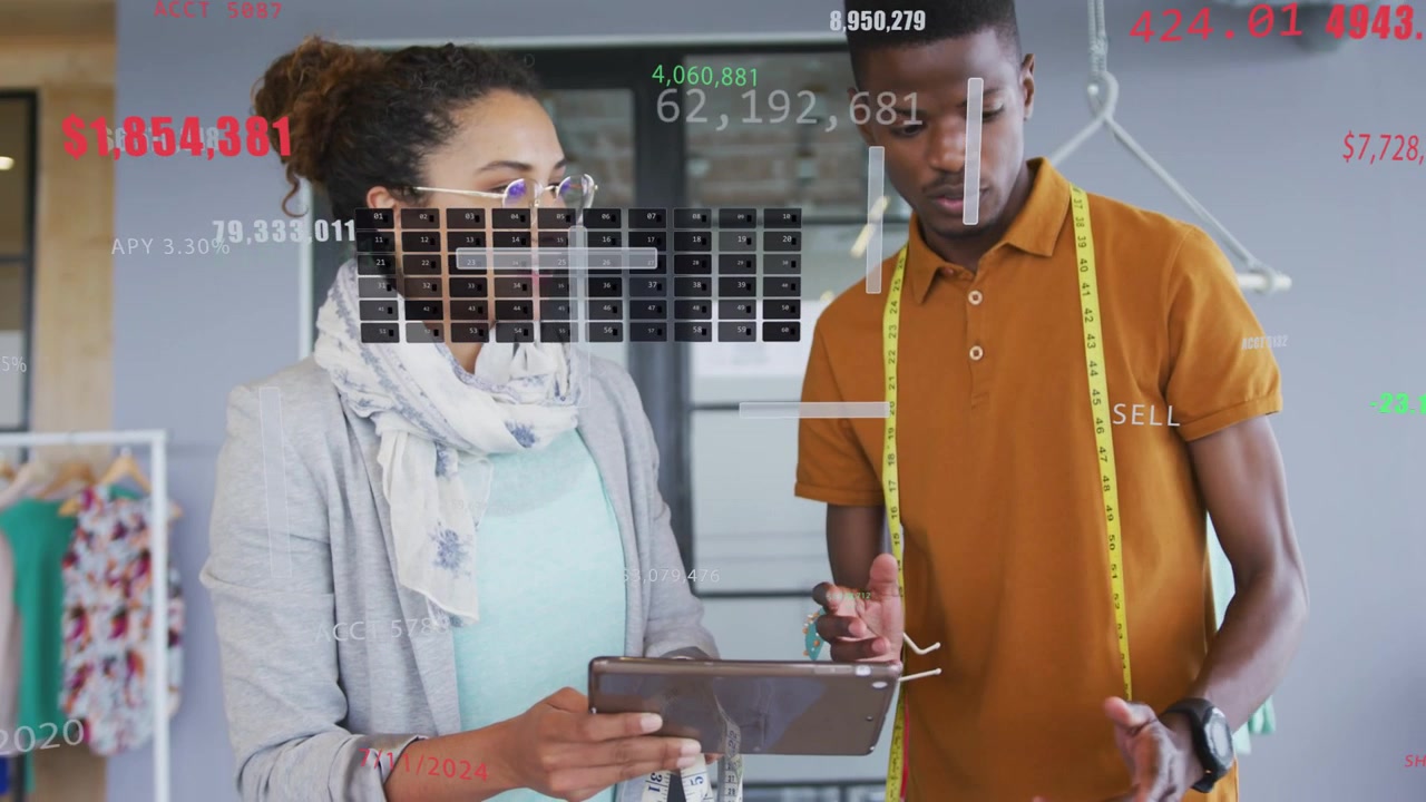 Woman tapping tablet and man measuring fabric in retail store, AR charts appearing and guiding fit
