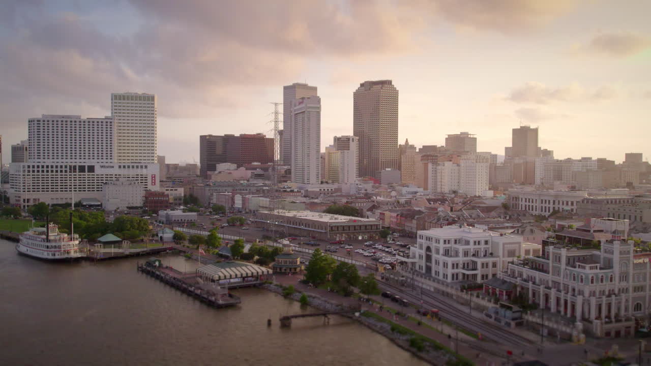 Aerial fly past New Orleans skyline at sunset