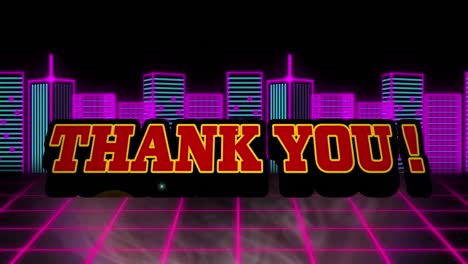 Animation-of-thank-you-banner-over-grid-network-against-neon-city-model